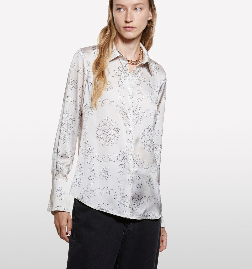 Camisa bege em cetim estampado - camisas para mulher - Bege | Sisley image number 3